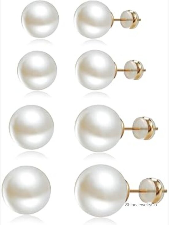 Jewelry - 4 Pairs Pearl Stud Earrings Set 8-14mm Hypoallergenic Gold Plated